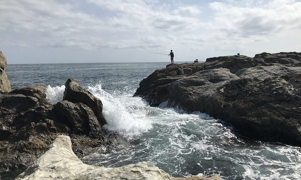 仁右衛門島の岩場で釣りをする男性の後ろ姿