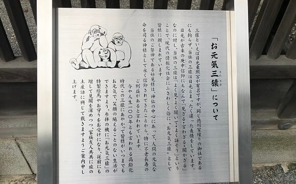 秩父神社社殿の彫刻『お元気三猿』の説明看板